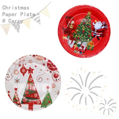 China Red Christmas Santa Trees Designs Disposable Party Customized Round Paper Plate Party Decoration for sale