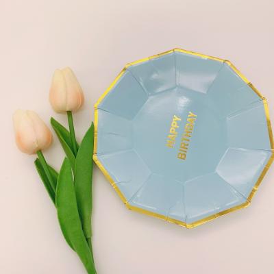 China Party Decoration Stocked Border Blue Decagonal Printed And Gold Foiled Rim Happy Birthday Disposable Party Paper Plate for sale