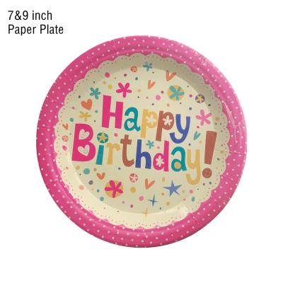 China Wholesale Party Decoration Round Pink Color Happy Birthday Party Disposable Paper Plate For Tableware for sale