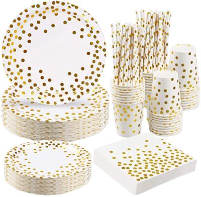 China Party Accessories Gold Foiled Dots Logo Style Customized 25 PCS Printed Party Tableware Sets for sale