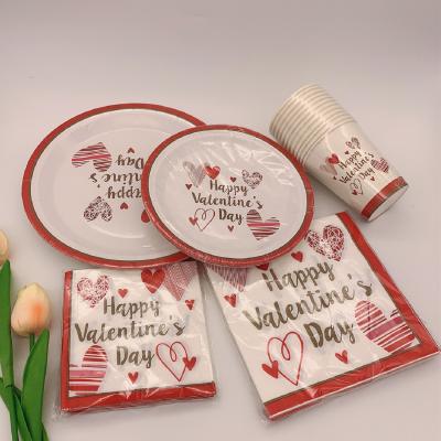 China Valentine Decoration Printed Valentine Party Disposable Set With Paper Napkin 25pcs Plate And Cup For Decoration for sale