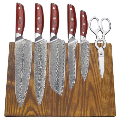 China Sustainable 7 Pcs Knife Block Set Damascus Super Steel Kitchen Knife Set With Fraxinus Mandshurica Wooden Magnetic Knife Block Set for sale