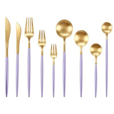 China Sustainable Fashionable Modern Purple Handle 18/10 Stainless Steel Cutlery Set With Laser Customized Logo for sale