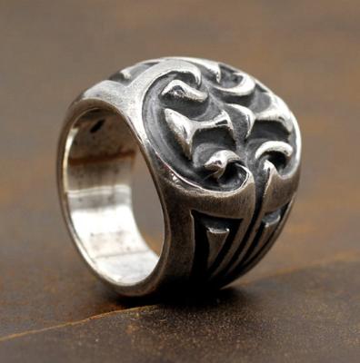 China Handmade S925 Sterling Silver Thai Pattern Retro Hiphop Thick Men's Ring Cutout And Dominant for sale