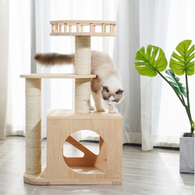 China Customized Tree Stocked Plush Kitten Wooden Houses Entertainment Scratching Mail Tower Platform for sale