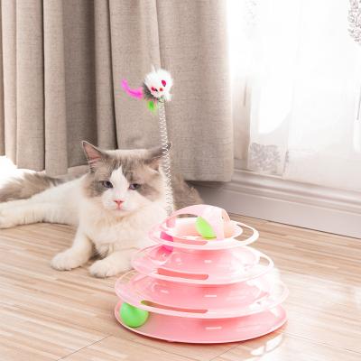 China New Sustainable Hot Sale Pet Training Supplies 4 Layer Cat Scratching Turntable Cat Teasing Track Stick White Pink Blue for sale