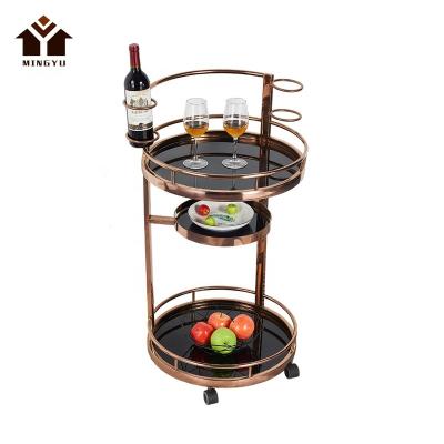 China Modern French Style Trolley Mobile Stainless Steel Restaurant Use Dining Car Round Glass Trolley For Dining Room for sale