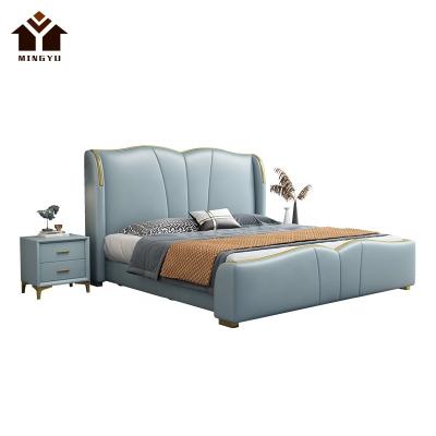 China Morandi Modern Blue North Solid Wood Bedding Set Light Luxury Double Thicken Bed Slat Platform Bed Fashion Bedroom Bed for sale