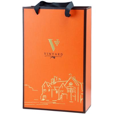 China Luxury Orange Corrugated Packaging 2 Bottles Paper Box Wine Materials Bottle Gift Recycled Stock Custom Logo Price for sale