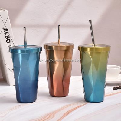 China PORTABLE 304  SS304 stainless steel insulated cup diamond gradient vacuum straw cup creative colorful double-layer coffee cup for sale