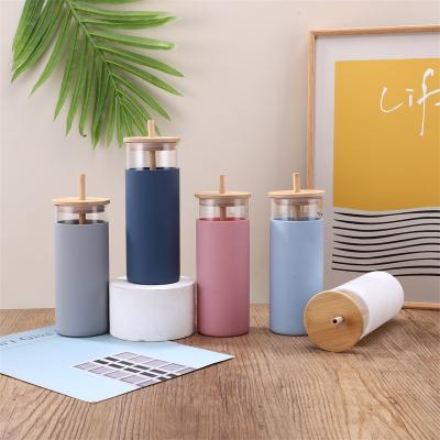 China Business office business water bottle outdoor convenient silicone cup set  bamboo lid straw glass insulated water bottle for sale