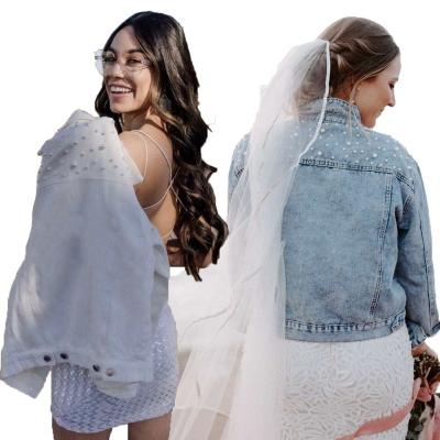 China Hot Selling High Quality Ladies QUICK DRY Fashion Pearl Beading Blue Denim Coat Jacket Plus Size Jeans Jacket Women for sale