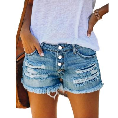 China Solid Color Breathable Thin Women Summer Denim Shorts Simple Basic Distressed Hot Pants Low Holes Womens Denim Shorts Sexy Jeans Shorts for sale