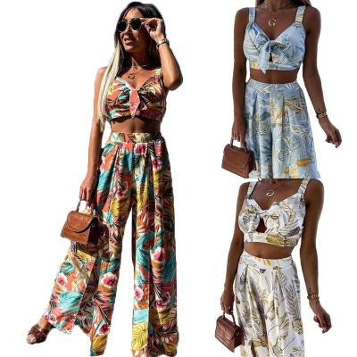 China Popular Wholesale Women's Clothing Two Piece Sets QUICK DRY Stretch Tube Top And Wide Leg Print Casual Loose Pants Suit Women With Bow for sale