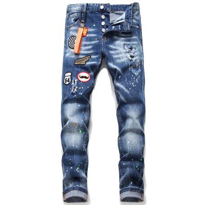 China Viable newcomer custom mens ripped skinny jeans biker embroidery jeans destroyed hole denim pants mens jeans pants for sale