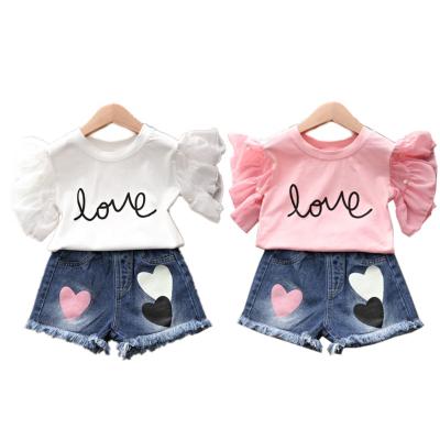 China Color Fade Proof Custom Boutique Children's Girl Ruffle T-shirt Denim Shorts 2 Pieces Set Kids Summer Dress Sets For Girls Clothes for sale