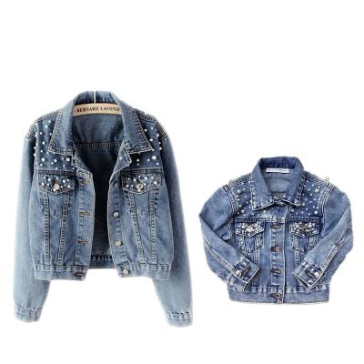 China Mom being matched beaded denim jacket of viable family clothes and matching denim of baby mom clothes and kids jeans outfit for sale