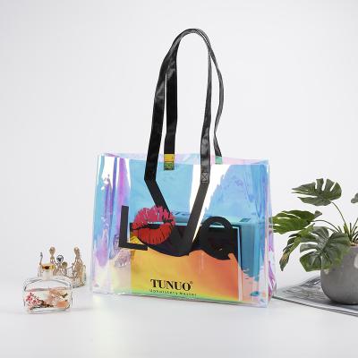 China Newest Fashinable Logo Custom Waterproof Clear Fashion Shopping Bag Transparent PVC Tote Bag With Handles for sale