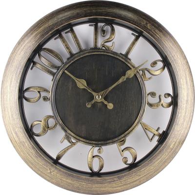 China Wholesale Vintage 12 Inch Wall Clock With Hollow Number And Brown Gold Frame for sale