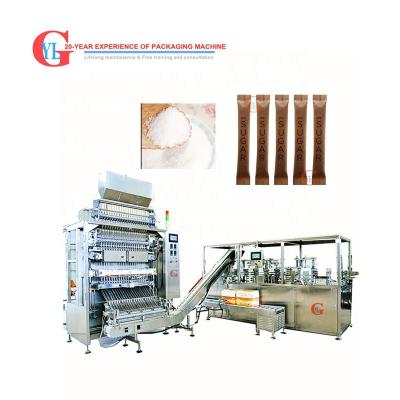 China Plastic Sachet Professional Customize Vertical Type Automatic Sugar Salt Juice Food Medical Stick Sachet Packing Machine Line With Boxing for sale