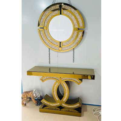 China Outdoor Mirror Hall Gold Mirrored Console Table With Sparkle Crushed Diamond Glossy Surface For Home Hotel Use for sale