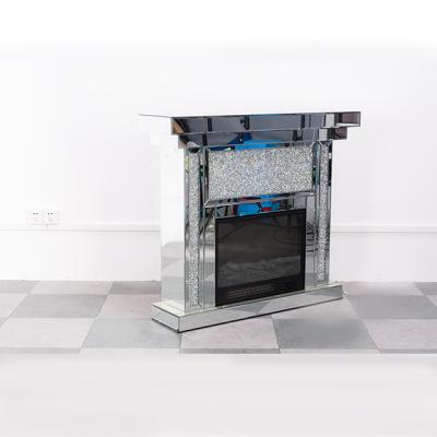 China Contemporary Decor Flame Electric Fireplace Mirrored Crushed Diamond Mirrored Crushed Crystal Glass Electric Fireplace for sale