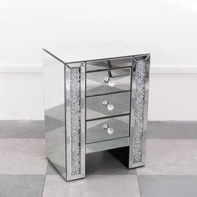 China 2022 contemporary modern silver mirrored nightstand bedside table with 3 drawers for indoor for sale