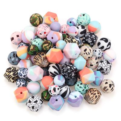 China Toy Wholesale Bpa Free Leopard Printed Silicone Soft Teether Beads Baby Round Teether Beads Food Grade Chewing Beads for sale