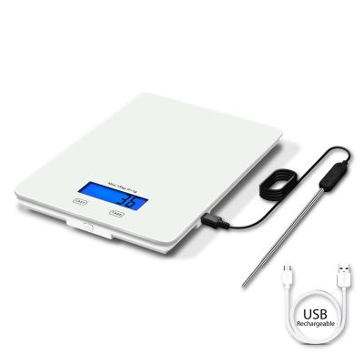 China With Themometer White Tempered Glass USB Charging 15kg Temperature Kitchen Measuring Scale for sale