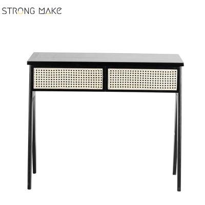 China Office Living Cabinet Makeup Storage Home Furniture Matte Black Ash Wooden Frame Rattan Drawers for sale