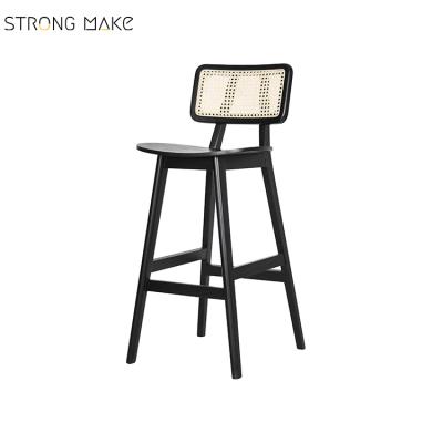 China Modern bar furniture black ash seat rattan back wooden bar stool flat chair for bar use for sale