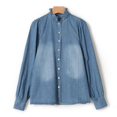 China 2022 Stylish Women's Oversized Blouses Denim Shirt Long Sleeve Breathable T-shirt Sublimated Acid Wash High Quality T Shirt for sale