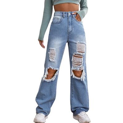 China 2022 QUICK DRY sexy hollow hole ripped jeans pants women ladies blue unique stacked jeans pants for sale