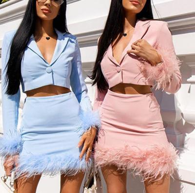 China 2022 Autumn New QUICK DRY 2 Pieces Set Women Long Sleeve Feather Skirt And Blazer Top Skirt Sets Women 2 Piece Outfits for sale