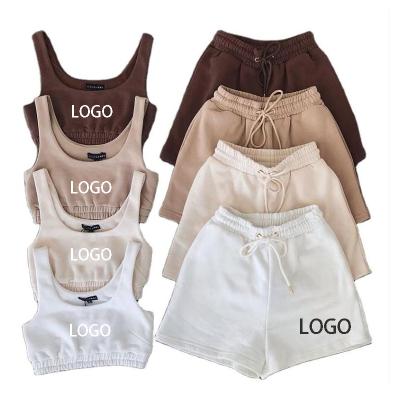 China QUICK DRY Custom Logo Knit Top Crop Cotton 2 Piece Set Women Shorts Suit Jogger Sets Team Sweatsuit Sweat Short Set for sale