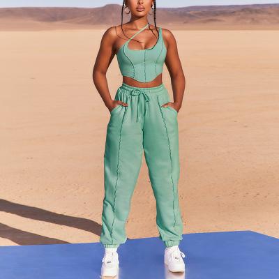 China QUICK DRY Women Casual Sports Tracksuit Set One Shoulder Crop Top And Sweatsuit Pants Set 2 Piece Pant Sets for sale