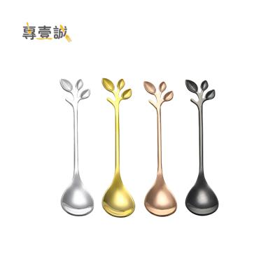 China Viable Creative Colorful Leaf Shaped Spoon Stainless Steel Tea Coffee Ice Cream Spoon Set for sale