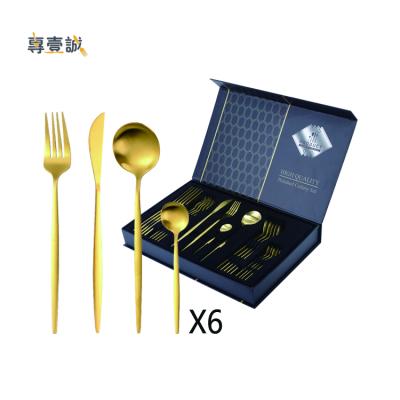 China Viable Gold Spoon and Fork Stainless Steel Hot Sale Gift Box Set Flatware Cutlery Set 24pcs for sale