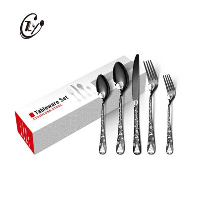 China Durable Laser Handle Christmas Logo 20PCS Stainless Steel Cutlery Set Black Flatware Set Gift Box for sale