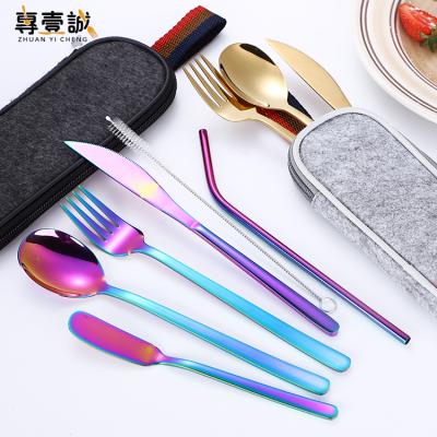 China Portable Cutlery Stainless Steel Spoon Fork Knife Straw Butter Knife Traveling Cutlery Portable Set for sale