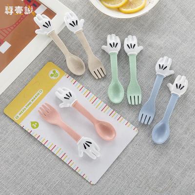 China 2pcs/set Cartoon Mickey Mouse Palm Cutlery Portable Viable Straw Plastic Fork Spoon Wheat for sale