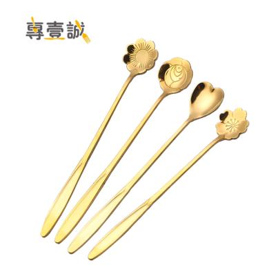 China Sustainable Long Handle Flowers Shaped Stirring Spoons Stainless Steel Creative Ice Cream Teaspoon for sale