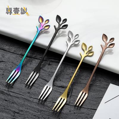 China Viable high quality metal gold fruit salad fork, stainless steel creative spoon leaf shape wholesale fork for sale