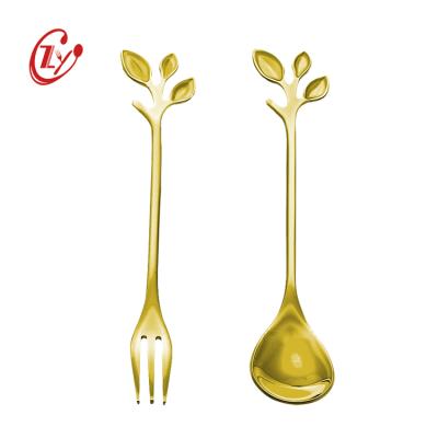 China Viable Creative Fruit Salad Fork Dessert Cake Spoon Gold Stainless Steel Leaf Shaped Spoon Small Fork for sale