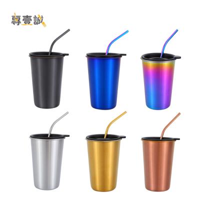 China 500ml Travel Beer Mug Stainless Steel Viable Tumbler Pint Cups With Straw And Lids for sale