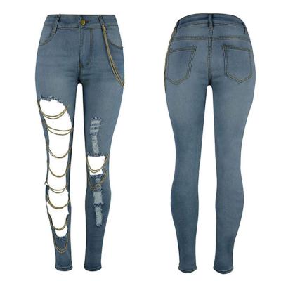 China Wholesale Breathable Jeans Women Denim Ripped Pants Stretches With Gold Chain Made In China for sale