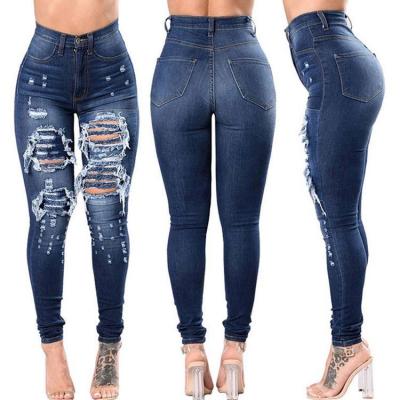 China Wholesale Women Dark Blue Denim Overalls Breathable Hot Selling Laidback Distressed Skinny Ripped Jeans for sale