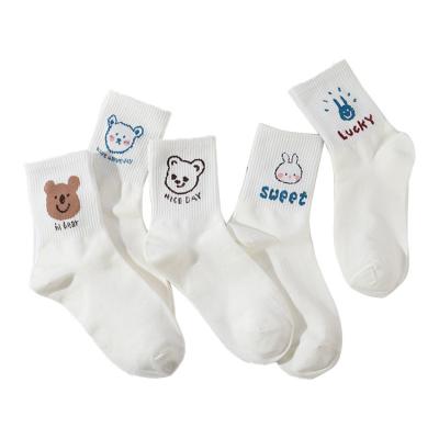 China 2021 Little Bear Women's Socks OEM Korea Cartoon Style QUICK DRY Mid Length Socks Designed Anime Socks Women Fashion White Crew Sock For Summer for sale