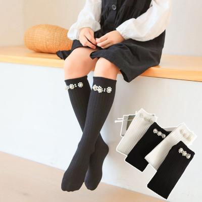 China Wholesale Breathable Baby Kids Bead Knee High Socks Long Cute Knee Length Socks Black And White Princess Girls Socks for sale