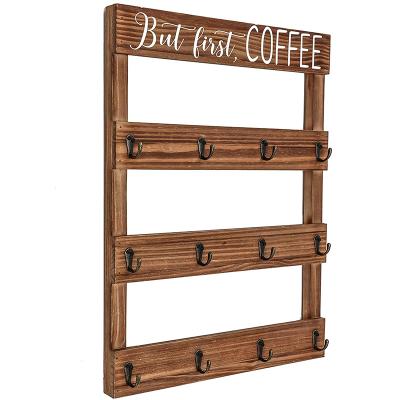 China Rustic Wall Mounted Organizer Stocked Hanging Coffee Cup Holder Wood Shelf Mug Rack with 8 Hangers for Kitchen, Home, Cafe, Bar for sale